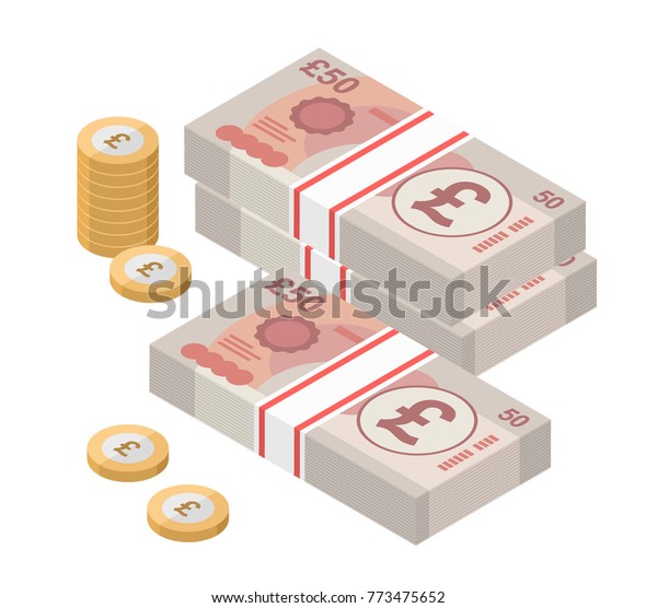 50ポンドの紙幣と硬貨を積み上げたアイソメ図 イギリスのお金 通貨 ベクターイラスト のベクター画像素材 ロイヤリティフリー