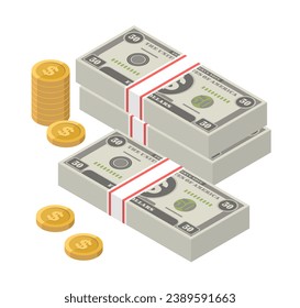 Pilas isométricas de billetes y monedas de 50 dólares estadounidenses. Cincuenta billetes de USD. Billetes de dinero americanos. Moneda estadounidense. Estilo plano. Ilustración vectorial.