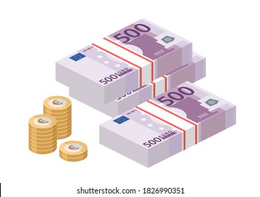 Isometric stacks of 500 euro banknotes. Pile paper money and coins. Five hundred bills. European currency notes. Vector illustration.