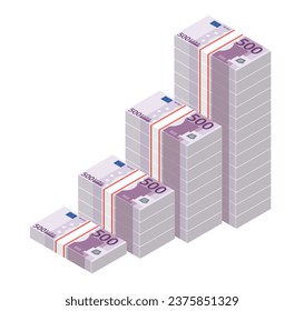 Isometric stacks of 500 Euro banknotes rising up graph. Big pile of money. Cash flow stairs. Notes are growing. Business concept. Vector illustration