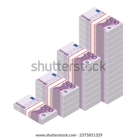 Isometric stacks of 500 Euro banknotes rising up graph. Big pile of money. Cash flow stairs. Notes are growing. Business concept. Vector illustration