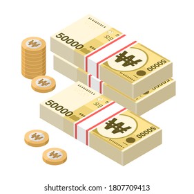 Isometric stacks of 50000 South Korean Won banknotes and coins. Fifty thousand bills of Korea money. KRW currency notes. Flat style. Vector illustration.