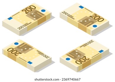 Isometric stacks of Banknotes in denominations of 200 euros on a white background. European Union paper money two hundred euros.