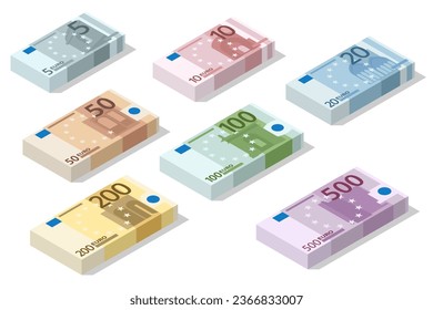 Isometrische Stapel von Banknoten in Stückelungen von 5,10, 20, 50, 100, 200 und 500 Euro auf weißem Hintergrund. Papiergeld der Europäischen Union: fünf, zehn, zwanzig, fünfhundert, zweihundert, fünf