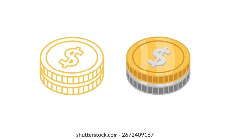 Pilhas Isométricas de Moedas de Dólar em Contorno e Estilos Metálicos Sombreados