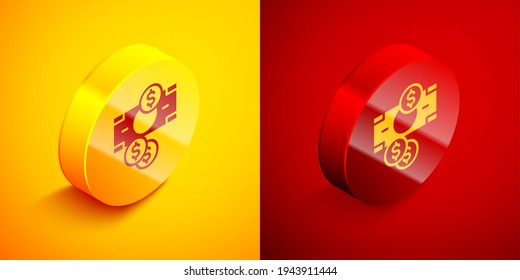 Isometric Stacks paper money cash and coin money with dollar symbol icon isolated on orange and red background. Money banknotes stacks. Circle button. Vector