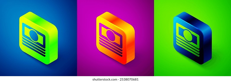 Isometric Stacks paper money cash icon isolated on blue, purple and green background. Money banknotes stacks. Bill currency. Square button. Vector