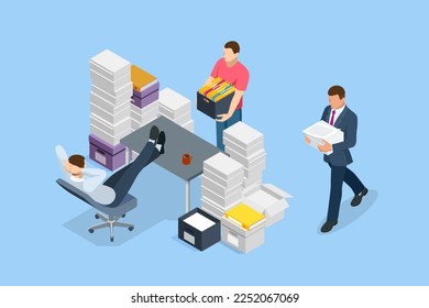 Pilas isométricas de papeleo y archivos en la oficina, burocracia, sobrecarga. Burócrata en la oficina. Trabajo de oficina no organizado.