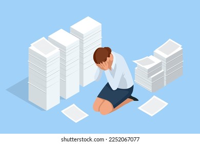Pilas isométricas de papeleo, archivos en la oficina, burocracia, sobrecarga. Trabajo de oficina no organizado. Mujer de negocios cansada sentada en el suelo agarrándose la cabeza con los montones de documentos de papel alrededor