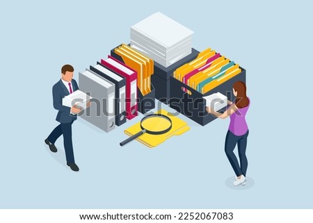 Isometric stacks of paperwork and files in the office, bureaucracy, overload. Bureaucrat in the office. Pile of paper documents, boxes and folders.