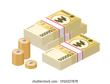 Isometric stacks of South Korean won banknones. Paper money 50000 KRW. Official currency cash. Flat style. Simple minimal design. Vector illustration.