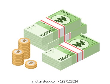 Isometric Stacks Of South Korean Won Banknones. Paper Money 10000 KRW. Official Currency Cash. Flat Style. Simple Minimal Design. Vector Illustration.