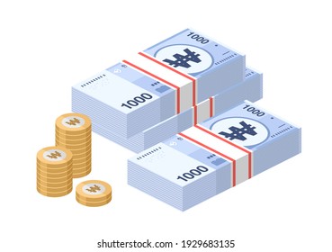 Isometric stacks of South Korean won banknotes. Paper money 1000 KRW. Official currency cash. Flat style. Simple minimal design. Vector illustration.