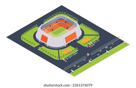 Isometric stadium composition with isolated view of football arena surrounded by parking lot and park trees vector illustration