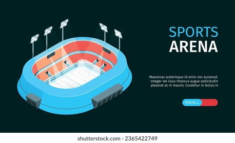 Isometric stadium horizontal banner with isolated image of sports arena with lighting towers text and button vector illustration