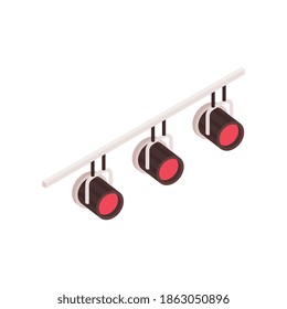 Composición isométrica de la etapa con tres pistolas de luz coloridas colgando en la ilustración del vector del carril