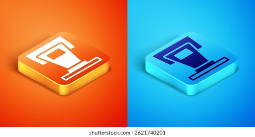 Isometric Stage stand or debate podium rostrum icon isolated on orange and blue background. Conference speech tribune.  Vector