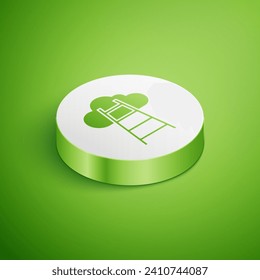 Isometric Stair with finish flag icon isolated on green background. Career growth business concept. Concept of business development. White circle button. Vector