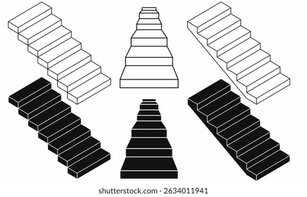 Formas de escada isométrica linha contorno e silhueta, padrão de escada preto e branco, vetor passo, ilustração de escada, vetor escalável para logotipo, ícone, símbolo, arquitetura, modelo de design 3D para micros