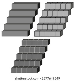Isometric stair steps. Geometric block structure. 3D staircase shapes. Vector art.