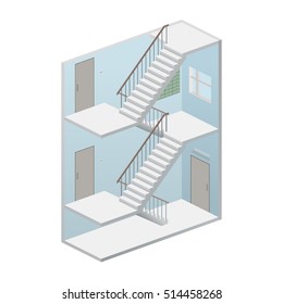 Isometric staircase. Entrance in home. Interior with ladder and entrance apartment. Vector Illustration.