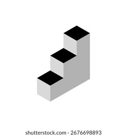 Isometric staircase geometric logo in grayscale with black top blocks, abstract modern brand identity.
