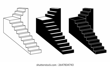 Isometric staircase illustration in three styles: outline, solid black, and negative white on black. Perfect for concept of growth, steps, success, or infographic design. Isolated on white background.
