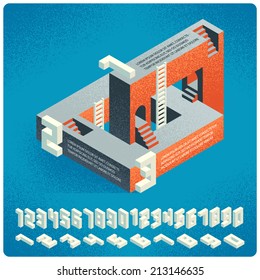 Isometric stairs concept infographics options set for business presentation. With digits font on blue background.