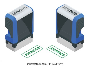 Isometric stamp approved set. Approved green ink stamp isolated on white background.