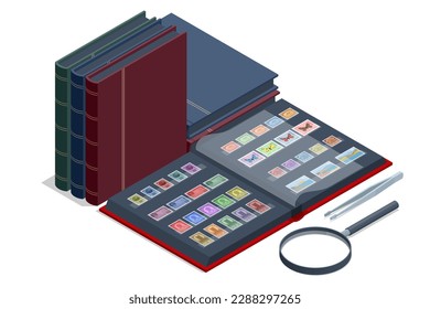 Isometric stamp collecting concept. Old vintage collectible postage stamps albums and magnifying glass. Philately and stamp collection