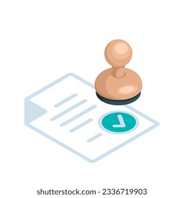 isometric stamp icon with document and checkmark in color on white background, approve or accept