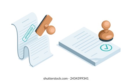 isometric stamp icon with document and checkmark in color on white background, approve or accept