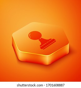 Isometric Stamp icono aislado en fondo anaranjado. Botón hexágono naranja. Ilustración vectorial