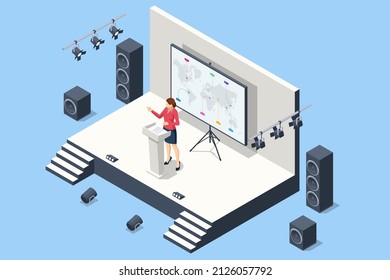 Isometric stand for press conference with microphones, equipped place for the speaker in front of journalists. Audience listens to the lecturer at the conference hall