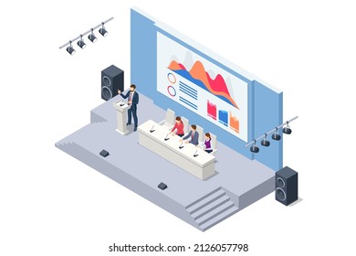 Isometric stand for press conference with microphones, equipped place for the speaker in front of journalists. Audience listens to the lecturer at the conference hall