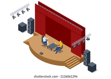 Isometric stand for press conference with microphones, equipped place for the speaker in front of journalists. Live report, live news concept.