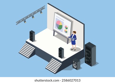 Isometric stand for press conference with presentation screen, equipped with speakers in front of journalists. The audience listens to the leader in the conference room   