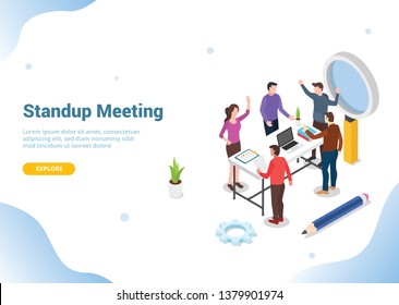 Isometric Stand Up Or Standing Meeting Concept For Modern Agile Methodology Workflow Daily Routines For Website Template Landing Homepage Banner - Vector Illustration