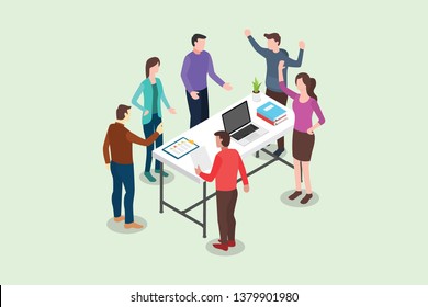 Isometric Stand Up Or Standing Meeting Concept For Modern Agile Methodology Workflow Daily Routines - Vector Illustration