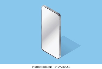 Isometric standing vector mobile phone mockup with blank screen and blue background