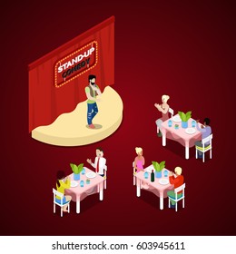 Isometric Stand-Up Comedy Show with Theatre Stage and Comic Showman. Vector 3d flat illustration