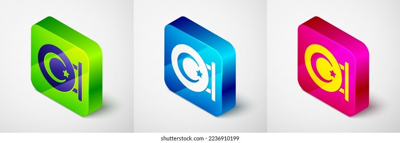 Isometric Star and crescent - symbol of Islam icon isolated on grey background. Religion symbol. Square button. Vector