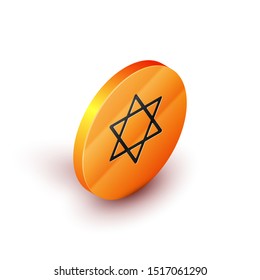 Isometric Star of David icon isolated on white background. Jewish religion symbol. Symbol of Israel. Orange circle button. Vector Illustration