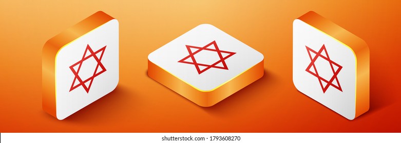 Isometric Star of David icon isolated on orange background. Jewish religion symbol. Orange square button. Vector.