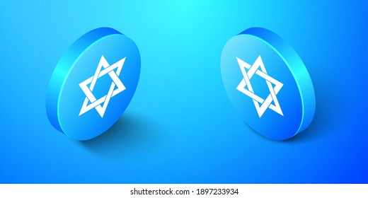 Isometric Star of David icon isolated on blue background. Jewish religion symbol. Blue circle button. Vector.