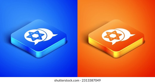 Isometric Star of David icon isolated on blue and orange background. Jewish religion symbol. Symbol of Israel. Square button. Vector