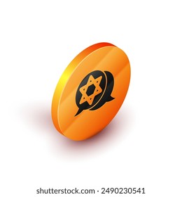 Isometric Star of David icon isolated on white background. Jewish religion symbol. Symbol of Israel. Orange circle button. Vector