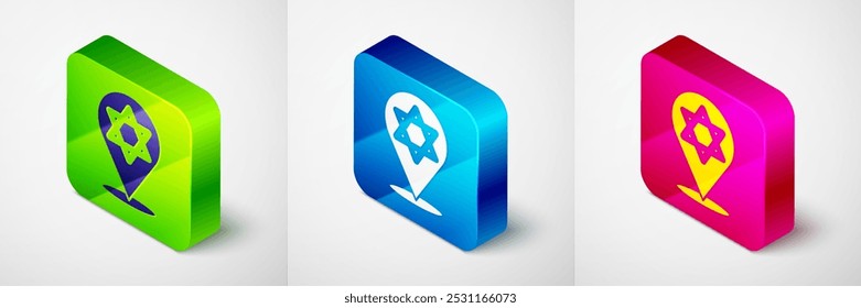 Isometric Star of David icon isolated on grey background. Jewish religion symbol. Symbol of Israel. Square button. Vector