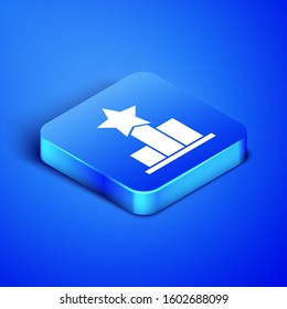 Isometric Star icon isolated on blue background. Favorite, score, best rating, award symbol. Blue square button. Vector Illustration