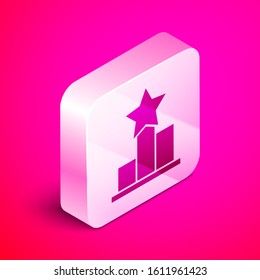 Isometric Star icon isolated on pink background. Favorite, score, best rating, award symbol. Silver square button. Vector Illustration